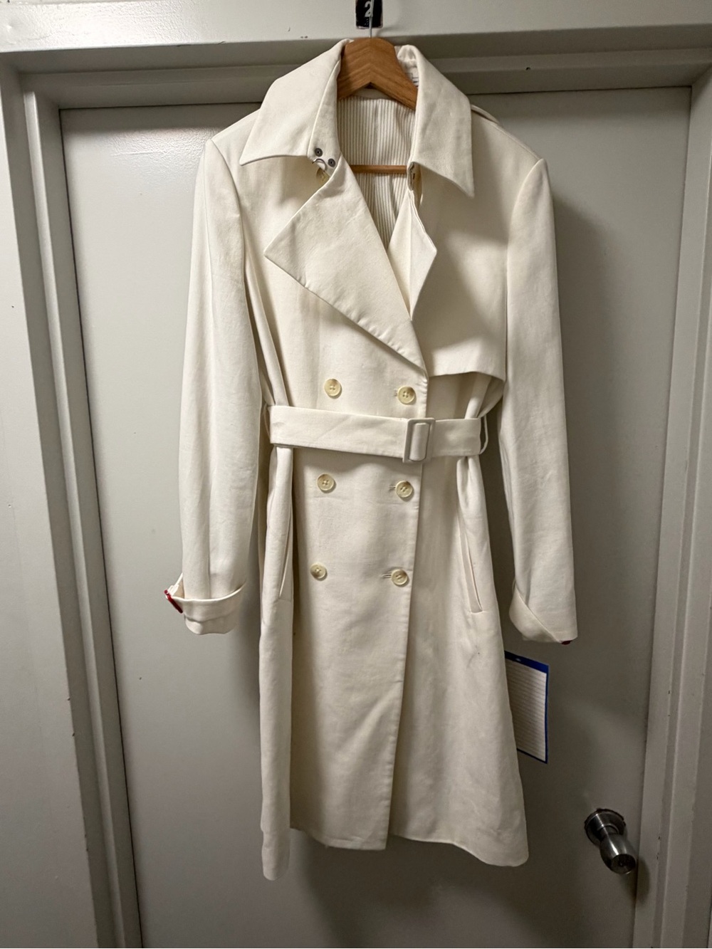 MM Lafleur Cream Double-Breasted Trench Coat with Waist Belt